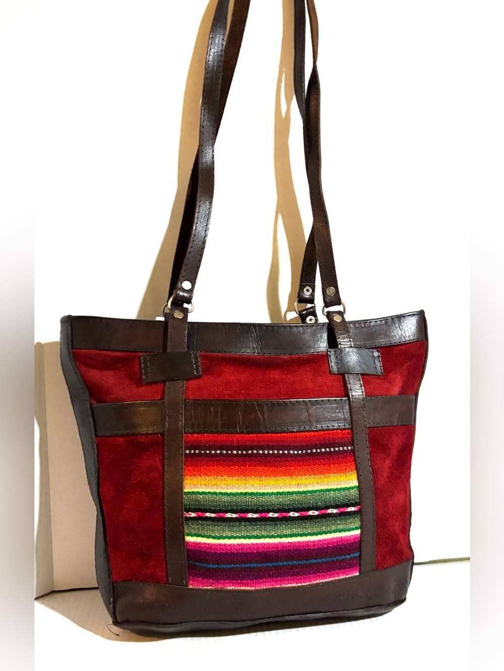 Handcrafted Red Suede & Leather Tote bag with Colorful Textile Panel